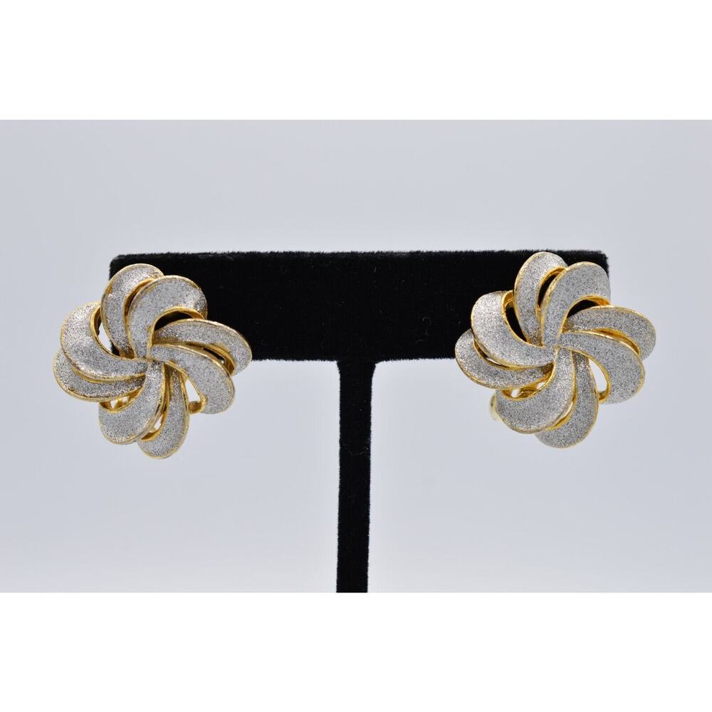 AD Vintage Bow Clip On Earrings Brushed Gold Silver Glitter Holiday Signed BinZ